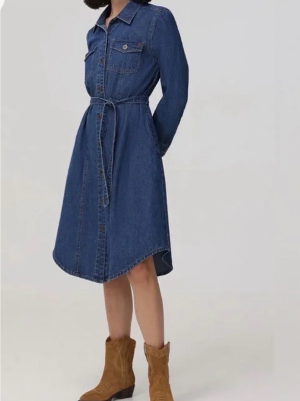 #582 Frye Blue Denim Button-Front Shirt Dress with Waist Tie - Picture 2 of 12